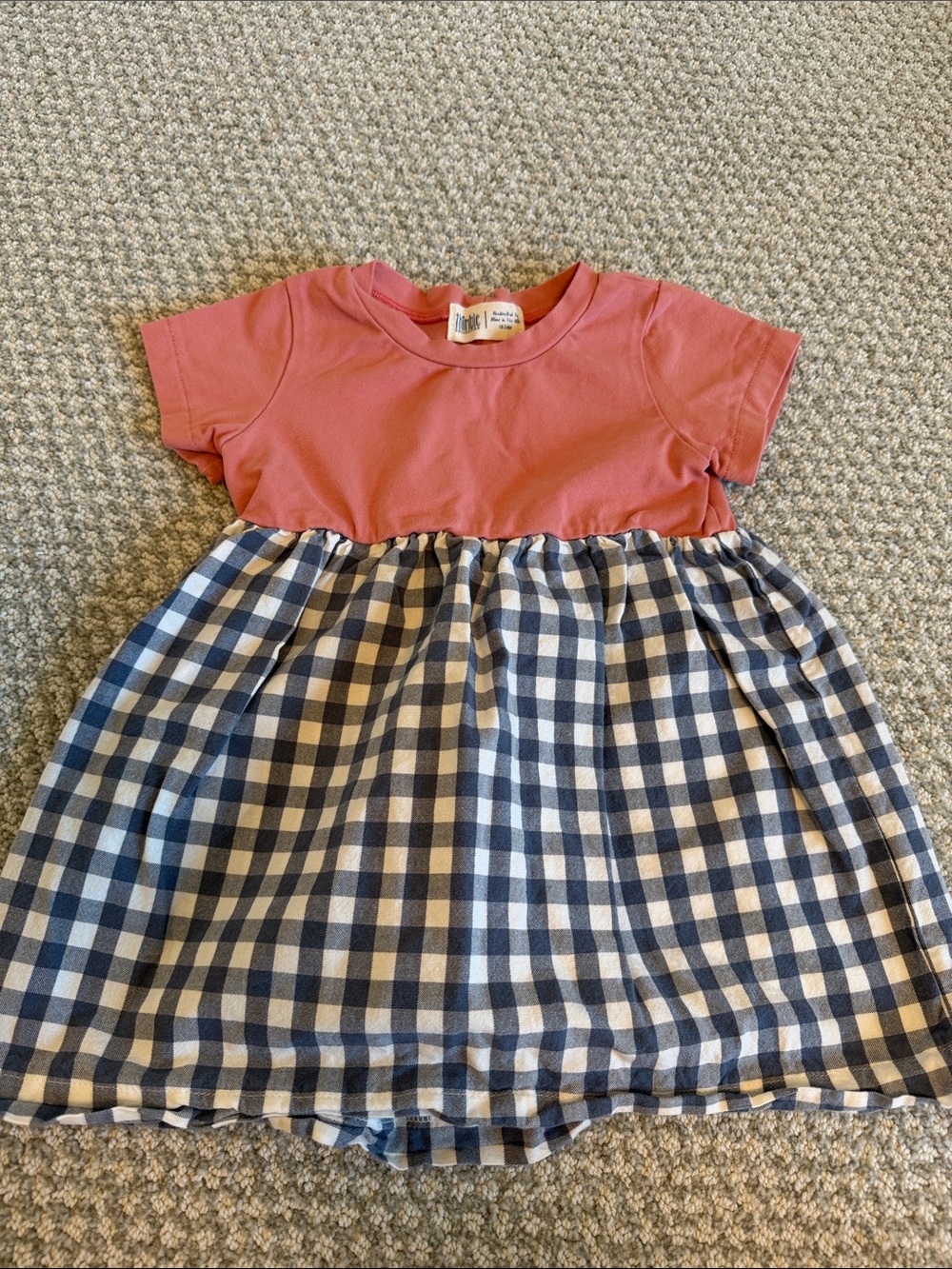 Girls' Rust Pink Tee Bodice with Navy Gingham Skirt Casual Dress